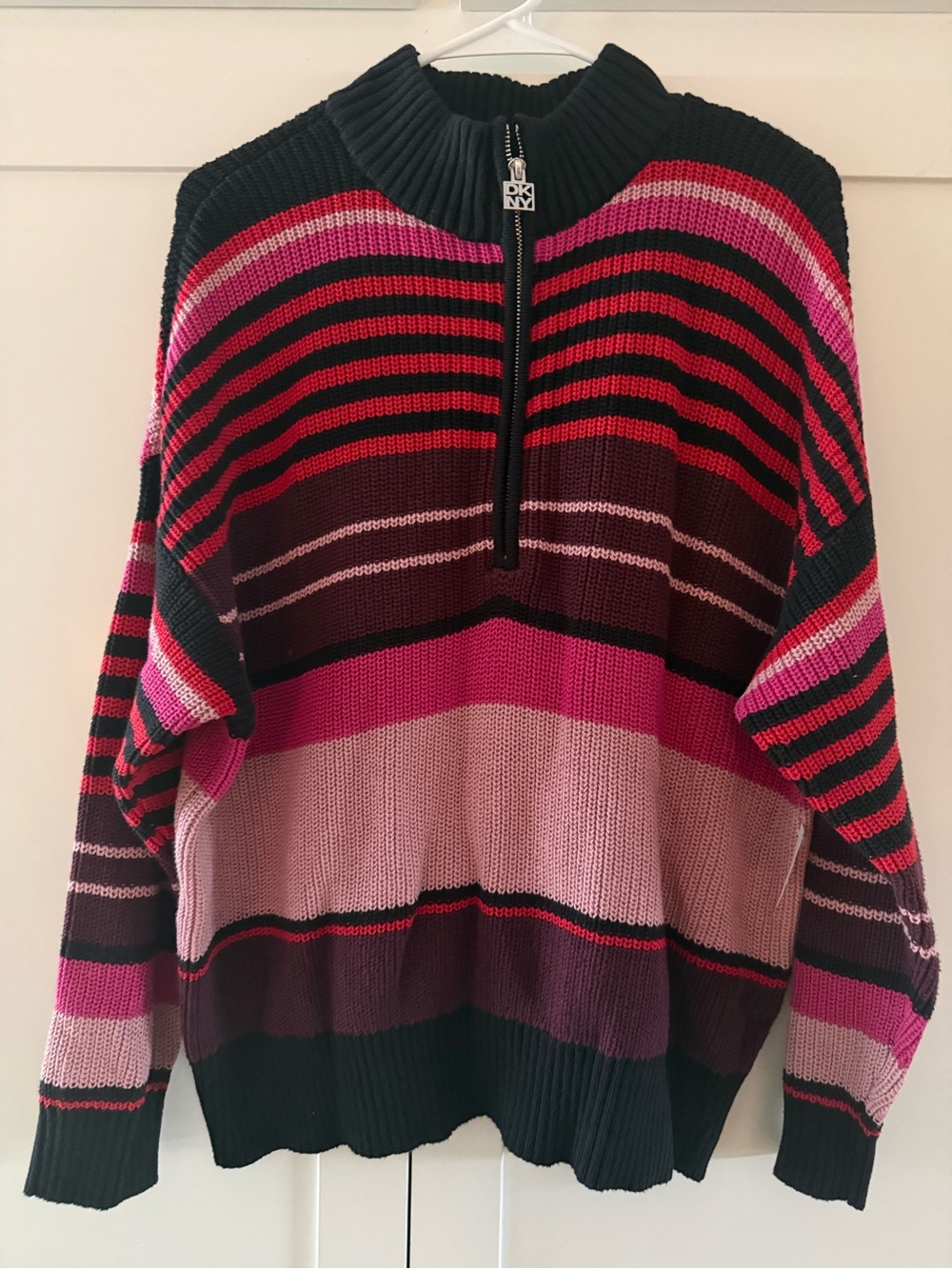 NWOT DKNY Jeans L Colorblock Stripe Quarter Zip Cotton Sweater Oversized Cozy